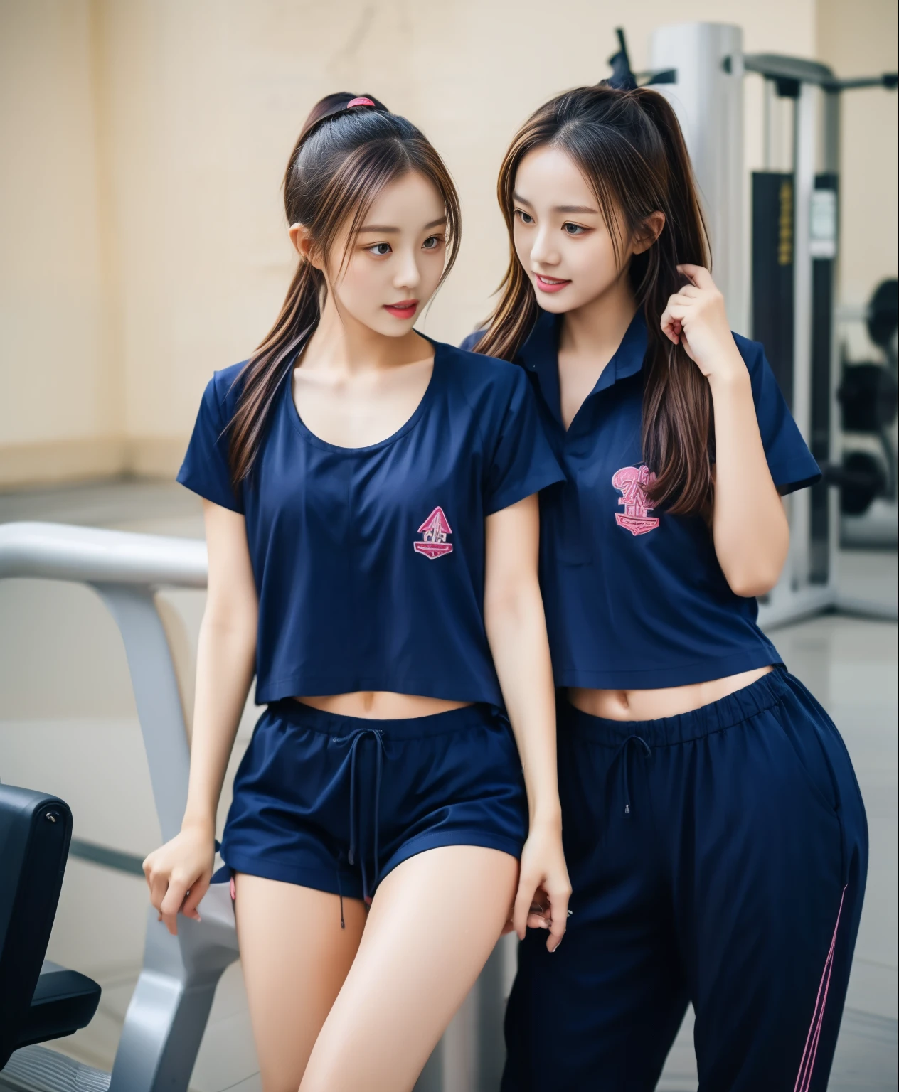 2 girls in the fitness room, Navy blue short-sleeved shirt,Navy Long Trackpant,Sweatpants, Sweatpantsขายาว,25 year old girl, lesbian, sexy, exercise clothes, wet body