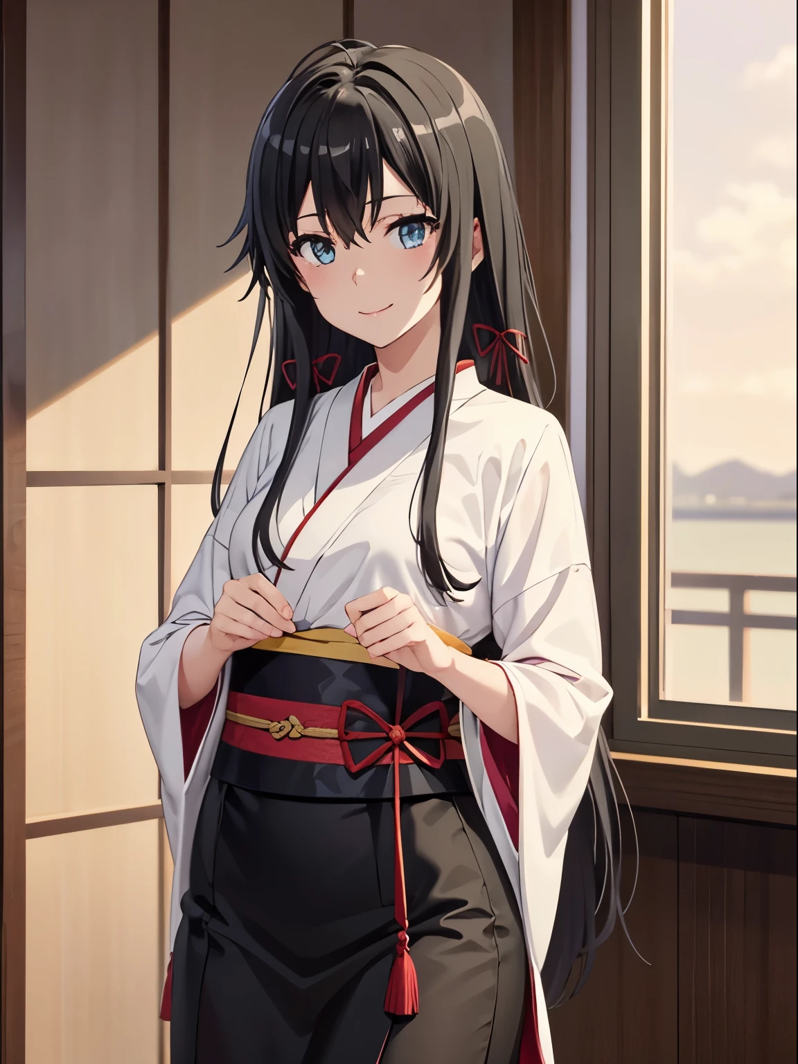 Yukino ,1 girl, black hair、Straight hair、Furisode,Japanese style room,standing,、 cute girl、Yukino Yukinoshita, ((beautiful and fine eyes)),, (perfect artwork:0.1), (beautiful face:0.1), smile、Hands put on the buttocks、Absolute reference to center