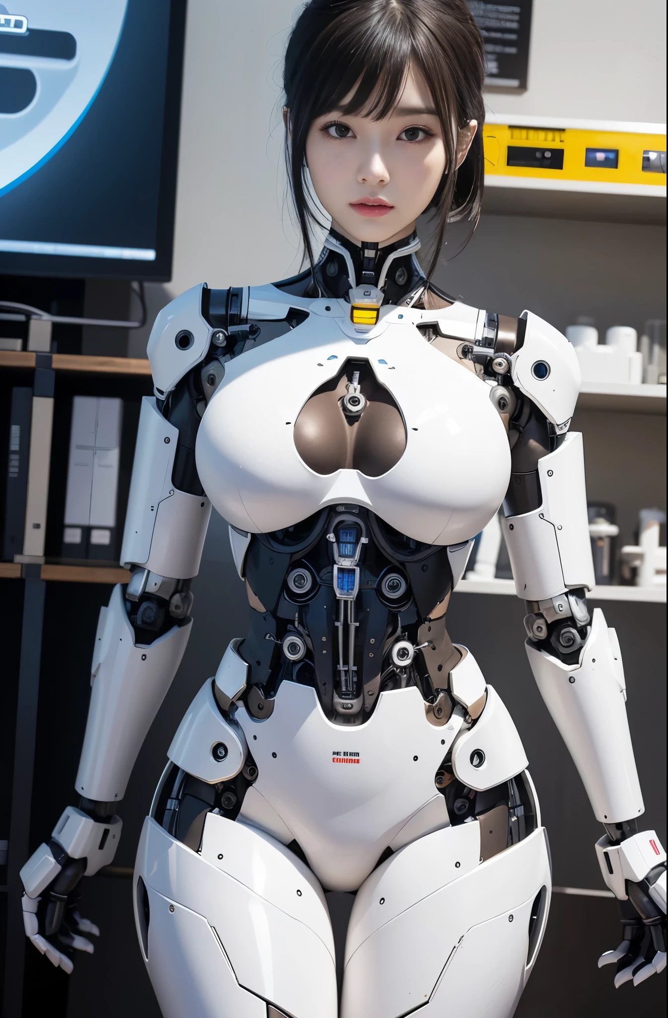 masterpiece, best quality, extremely detailed, (8K, 4K, Best Quality, hight resolution, 超A high resolution:1.1), 8K portrait,1girl in, Japaese android girl,Plump , control panels,android,Droid,Mechanical Hand, ,Robot arms and legs, Black hair,Mechanical body,Blunt bangs,White Robotics Parts,perfect robot woman,Charging spot,Long Tube,A thick cable was connected to her neck,ceramic body ,android,robot humanoid,a bit chubby,panty,full eyes,perfect mechanical body,white robotics body,future assembly plant,white body,She has repaired,black sponge joints,android assembly plant,android,laboratory,perfect machine body,white robot body,