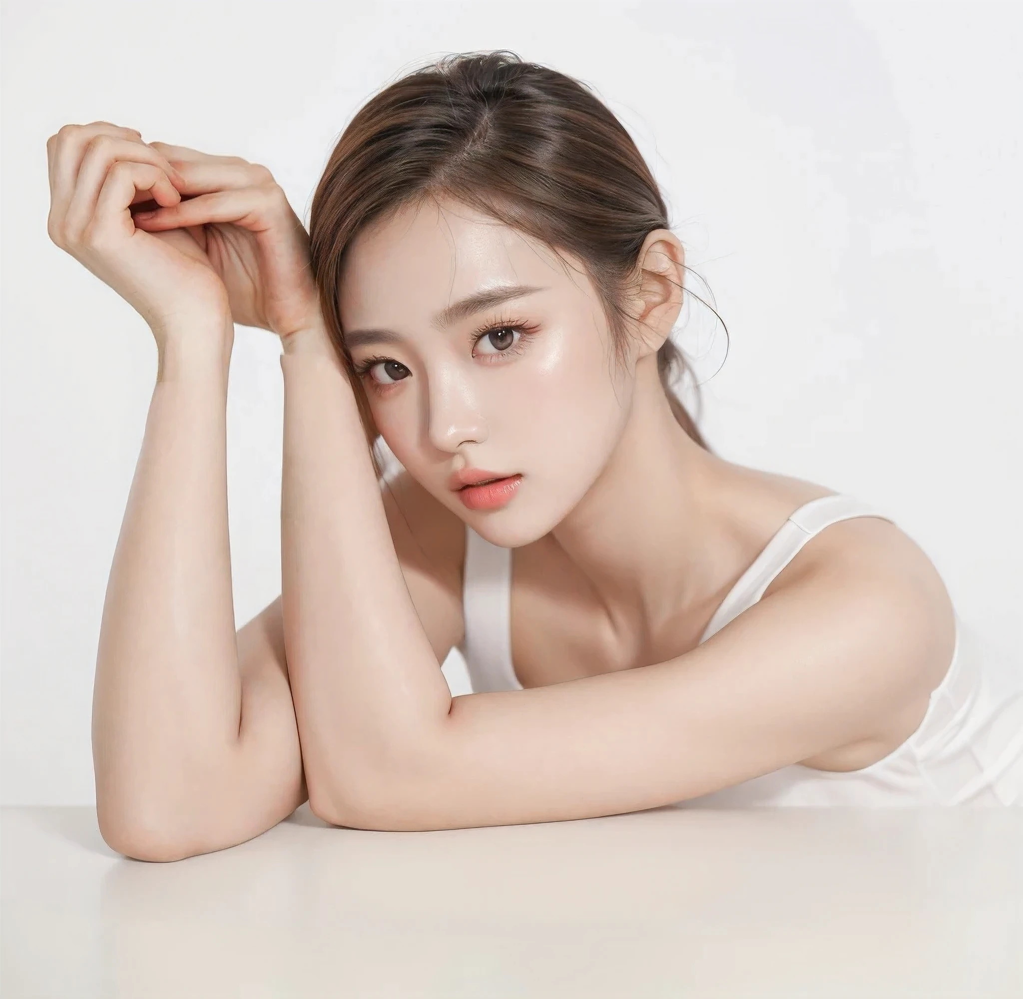 (Actually, high resolution:1.3, masterpiece, 8 thousand, best quality, ultra detail ),
Korean woman, very beautiful face, (photo realistic:1.4), studio shoot,pictorial,photography,Realistic eyes, very detailed face, detailed lips, normal hand, shiny lips, Glossy face, simple background