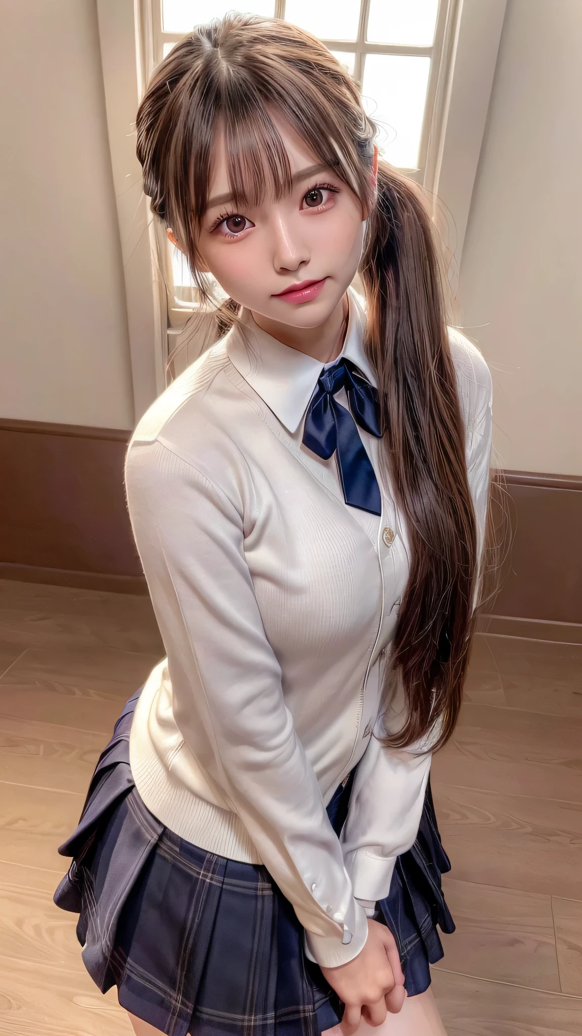 blush,,long hair ponytail,Hair is kept together,Japanese high school girls' uniforms,Blouse with white collar,Dark blue plaid skirt,Wear a dark blue cardigan,white knee socks,outdoor,chest is small,((8K, Raw photo, best quality, muste piece:1.2), (Reality, photorealistic:1.4), (Highly detailed 8K wallpaper), Depth of bounds written, cinematic lighting, soft light, detailed beauty eye,Shiny and smooth light brown ponytail, asymmetrical bangs, shiny skin, super detailed skin ,high resolution, high detail, detailed hairstyle, detailed beauty face, hyper real, perfect limbs, perfect anatomy ,1 Japanese girl,famous japanese idol, perfect female body,shy smile,short eyelashes,double-edged eyelids,look straight here,Hair style is ponytail,wear a navy blue ribbon tie, long ponytail hairstyle,Stand up straight,So that the whole body can be seen,look straight at me,chest is small,Image of the angle from below,Smile