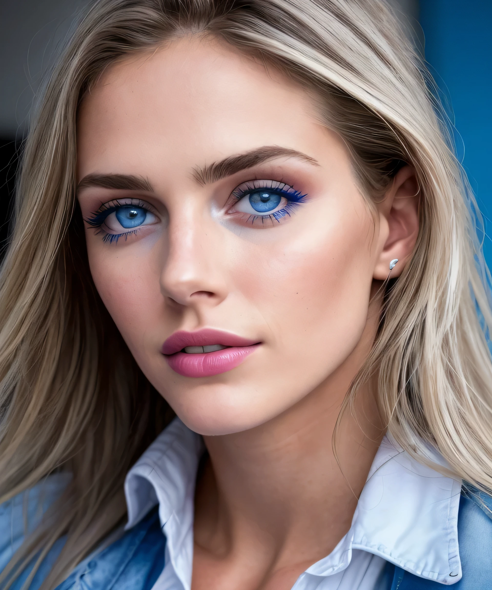 25-year-old fashion model., [[[[de cerca]]]], [[[[pecho]]]], [[[[cuello]]]], [[[[espalda]]]], ojos perfectos, ojos color azul, iris perfecto, labios perfectos, dientes perfectos, piel perfecta, Luz frontal suave, Brillo, HDR, (Colores apagados:1.2)