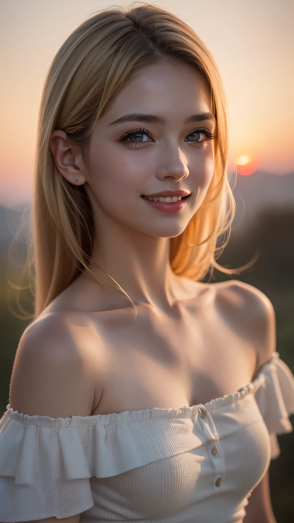 1girl, (Ultra realistic), (highly detailed eyes, highly detailed face), blonde hair, (off shoulder), breasts, upper body, caute smile, (best quality:1.4), Raw photo, (realistic, photo-realistic:1.37), professional photography, cinematic light, depth of fields, twilight, sunset