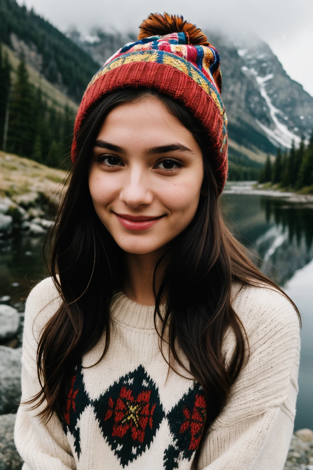a 18 year old girl, young girl, girl, high cheekbones, brunette, long hair, insanely detailed and intricate, hypermaximalist, attractive, hyper-realistic, super detailed, high detailed skin, selfie, looking at camera, casual photo, photograph, upper body, solo, wearing pullover, outdoors, (night), mountains, real life nature, stars, moon, cheerful, happy, gloves, sweater, beanie, forest, rocks, river, wood, smoke, fog, looking at viewer, skin texture, photo grain, close up, RAW photo