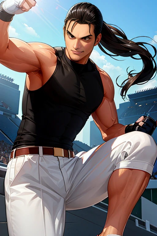 Two-dimensional, anime style, 1 man , solo, (male warrior), Robert Garcia, slim body, correct proportions, face details, martial arts, white pants, orange vest, black tank top with turtleneck, black shoes, wearing MMA gloves, wearing navy blue glasses long ponytail hairstyle, light and shadow tracing, ray tracing, detail glow, CG rendering, hair details, long black hair,  a lot of details, martial arts tournament event, smiling joyfully, looking at the viewer, throwing a kick at the camera 