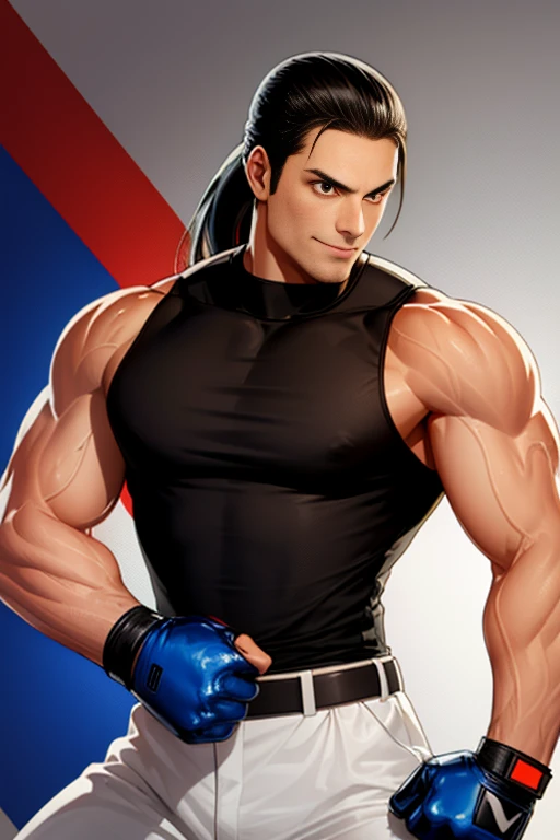 Two-dimensional, anime style, 1 man , solo, (male warrior), Robert Garcia, slim body, correct proportions, face details, martial arts, white pants, orange vest, black tank top with turtleneck, black shoes, wearing MMA gloves, wearing navy blue glasses long ponytail hairstyle, light and shadow tracing, ray tracing, detail glow, CG rendering, hair details, long black hair,  a lot of details, martial arts tournament event, smiling joyfully, looking at the viewer, throwing a kick at the camera 