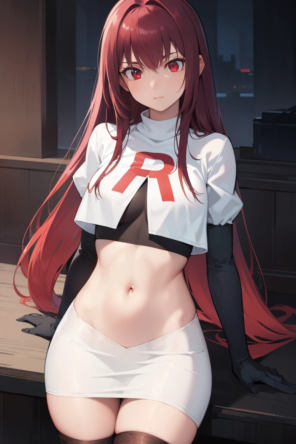scathach, scathach, long hair, purple hair, (red eyes:1.5),
BREAK team rocket,team rocket uniform,white skirt,red letter R,crop top,black thigh-highs,black elbow gloves
BREAK looking at viewer,
BREAK (masterpiece:1.2), best quality, high resolution, unity 8k wallpaper, (illustration:0.8), (beautiful detailed eyes:1.6), extremely detailed face, perfect lighting, extremely detailed CG, (perfect hands, perfect anatomy),