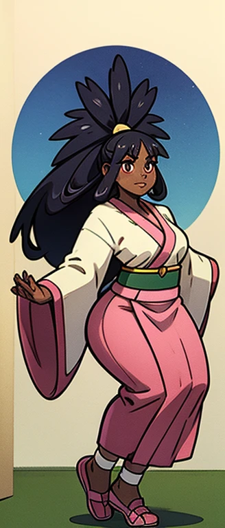 irisA, beautiful, masterpiece, st-patricks day, full body image, black outlines, hourglass figure, plump breasts, plump hips, plump thighs, large eyes, curly hair, rounded hair, long hair, nose, thick eyelashes, golden necklace, layered skirt, white socks, pink ballet shoes, kimono