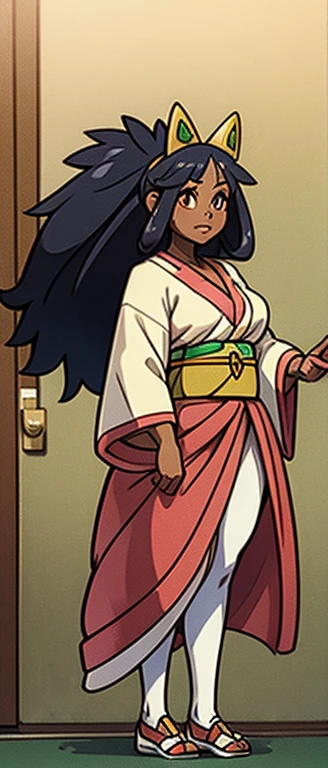 irisA, beautiful, masterpiece, st-patricks day, full body image, black outlines, hourglass figure, plump breasts, plump hips, plump thighs, large eyes, curly hair, rounded hair, long hair, nose, thick eyelashes, golden necklace, layered skirt, white socks, pink ballet shoes, kimono