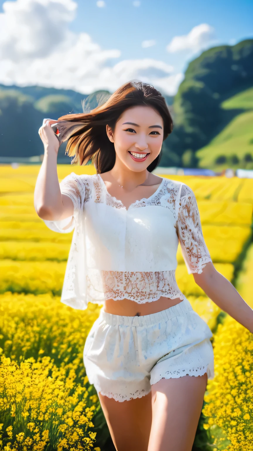 (half body shot:1.4), Hyper-Realism, (Photorealsitic:1.4), 8K, maximum resolution, (​masterpiece), Canon R5, 50mm, highly detailed, best quality, Refined face, Japanese most beautiful woman, detailed beautiful eyes, 23yo, Lace top and shorts,
Jumping in a flower field, exuberant smile,