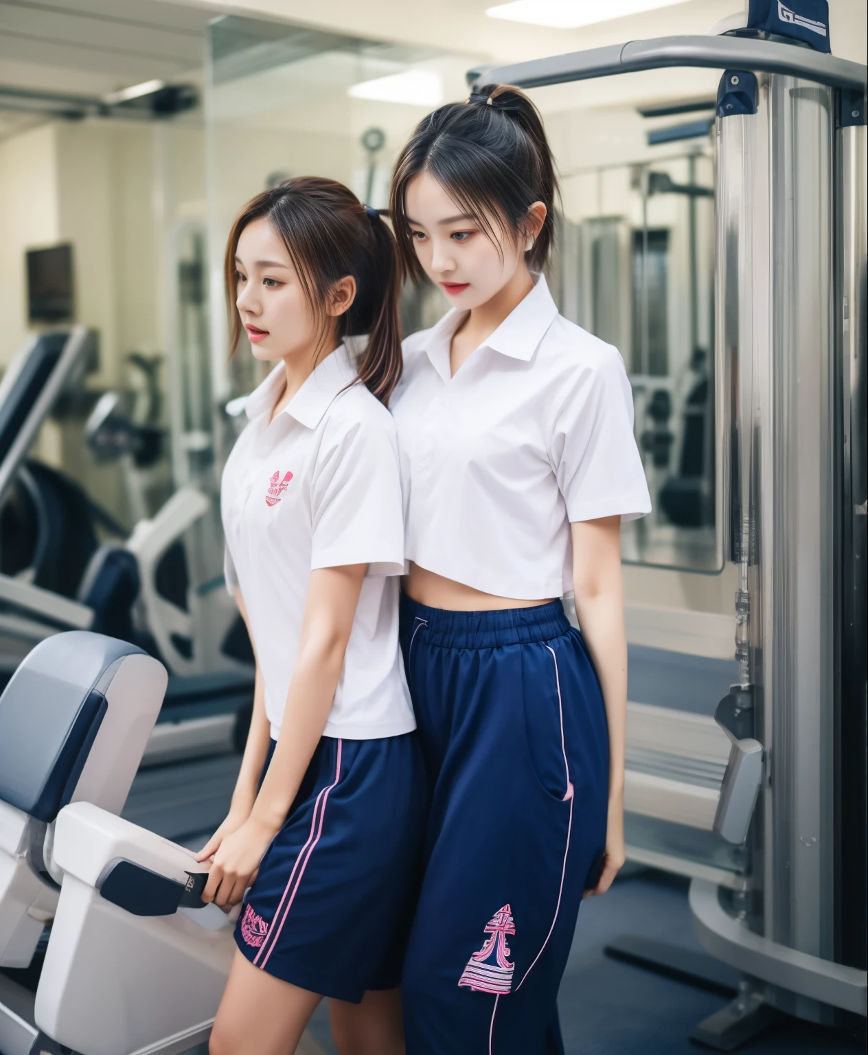 2 girls in the piano room, Navy blue short-sleeved shirt,Navy Long Trackpant,Sweatpants, Sweatpantsขายาว, lying in bed., หญิงรักhave sex, coax, Sexual arousal, Realistic poses, exercise clothes, exercise clothes, have sex