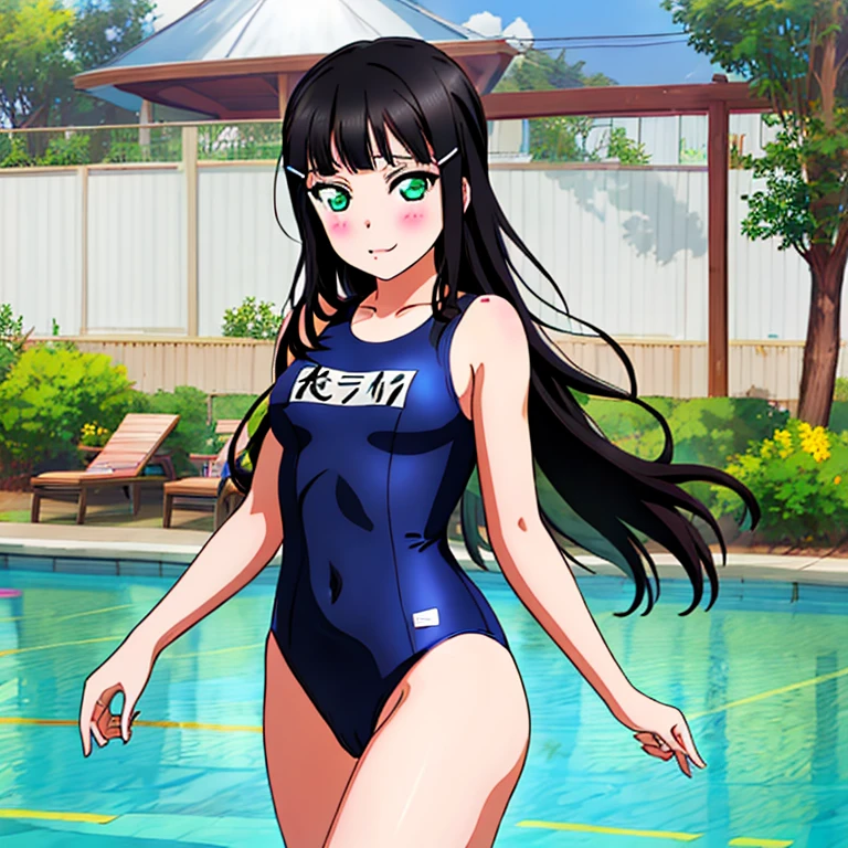 masterpiece,best quality,ultra detailed, best illustration, nsfw, 1girl, black_hair, bangs, long_hair, hair_ornament, blunt_bangs, blush, green_eyes, hairclip, aqua_eyes, KK-70, blue one-piece swimsuit,