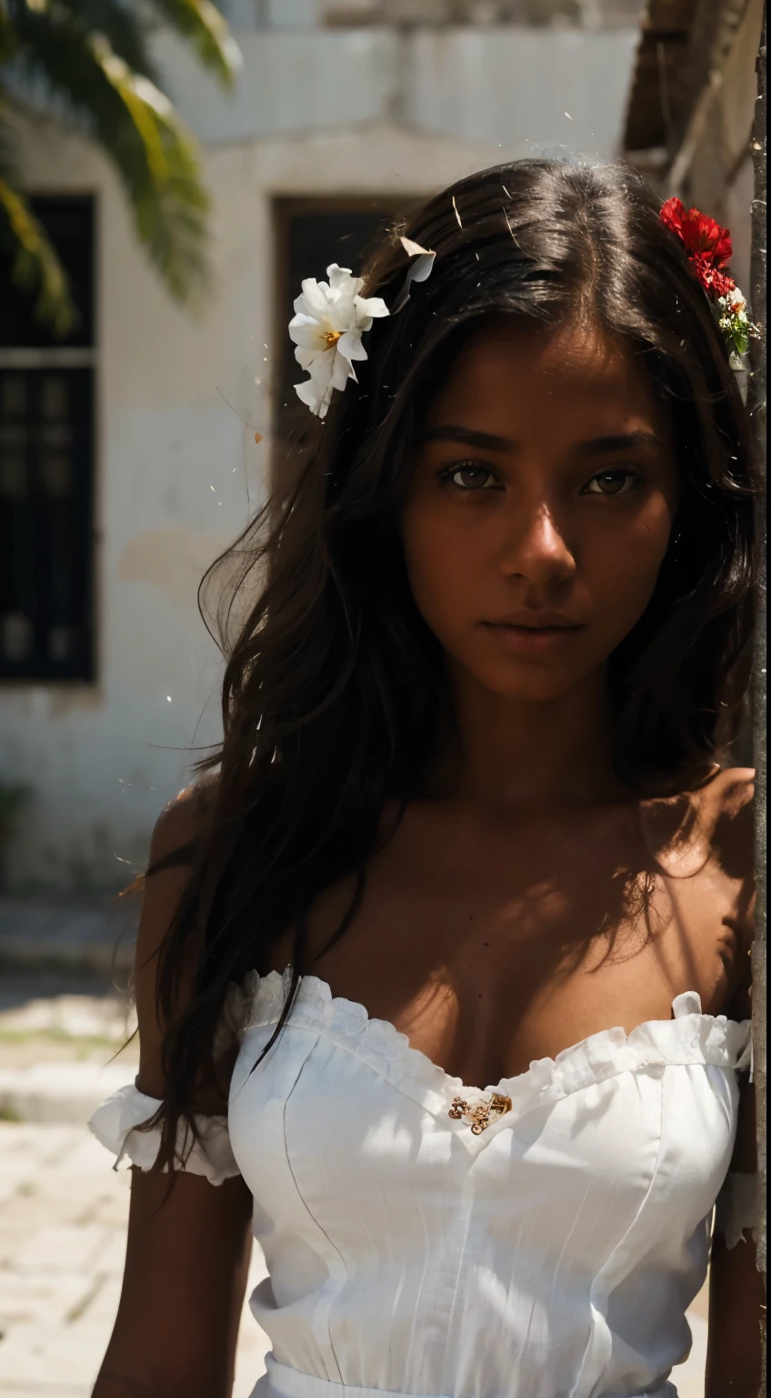 dark brown skin, pretty face, straight hair, natural, long hair, ((crystal brown eyes: 1.2)), detailed eyes, beautiful eyes, ((art, Ultra HD, 8k)), depth of field, street in bahia brazil , necklines, focus on the eyes, protruding breasts, specific skin, skin texture, sexy shoulders, golden tan, highly specific skin, long eyelashes, black mascara, perfect face ultra quality, best quality, high definition, beautiful woman, perfect, workmanship art, HD, perfect face, perfect woman, work of art, delicate, dark skin, mulatto, fine feminine features, beautiful thin nose, perfect, delicate mouth, dark eyes, beautiful detailed and realistic face, black hair, extremely beautiful Brazilian , with a red flower in her hair, dark skin, long straight hair blowing in the wind, with a red flower in her hair, a short and simple white dress that is a little transparent, standing on a street in Bahia, inspired by the drama (Gabriela cravo e canela) , northeastern Brazil, 1920s street, 1920s, in Bahia, Brazil, beautiful Brazilian mulatta, 1920s, Bahia