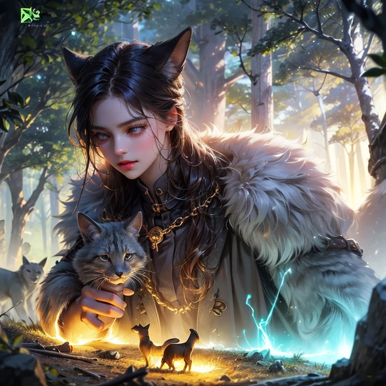 girl and animals energy in animals glowing neon chemiluminescence helping in the forest mystical magic fallen animal life prolonging treatment saving