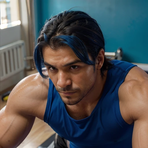 Hombre musculoso, en el gimnasio haciendo pesas, alto, ojos azules, cabello azul 