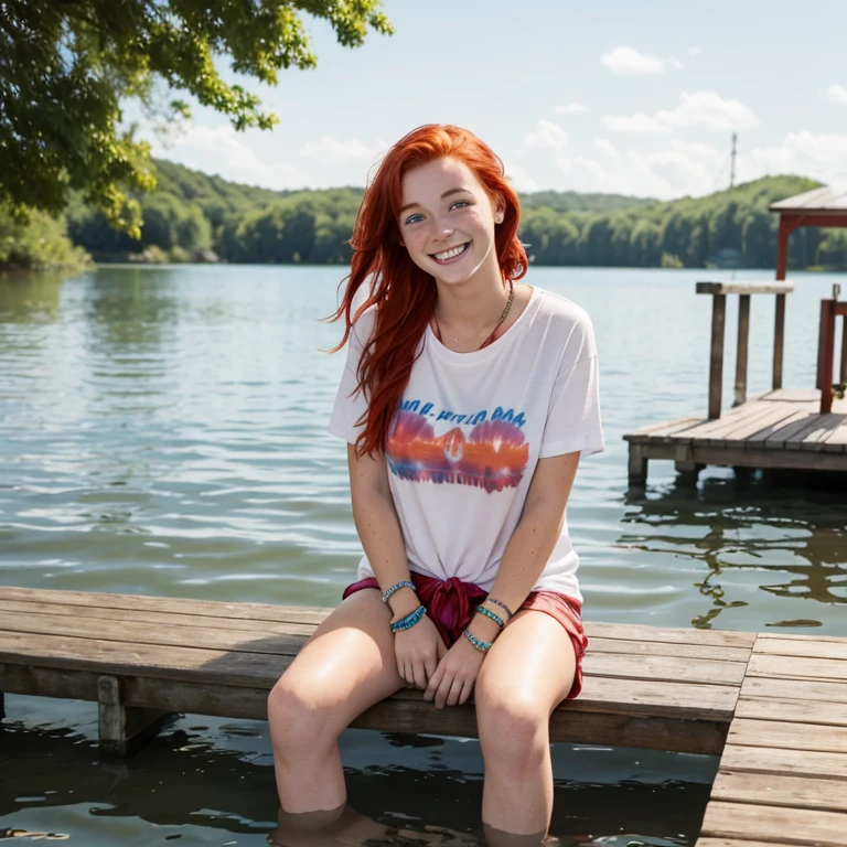 Young woman. Caucasian with red hair and freckles. She is sitting on a wooden dock with her feet in the water. Wearing tie-dyed tshirt and friendship bracelets. She is smiling.