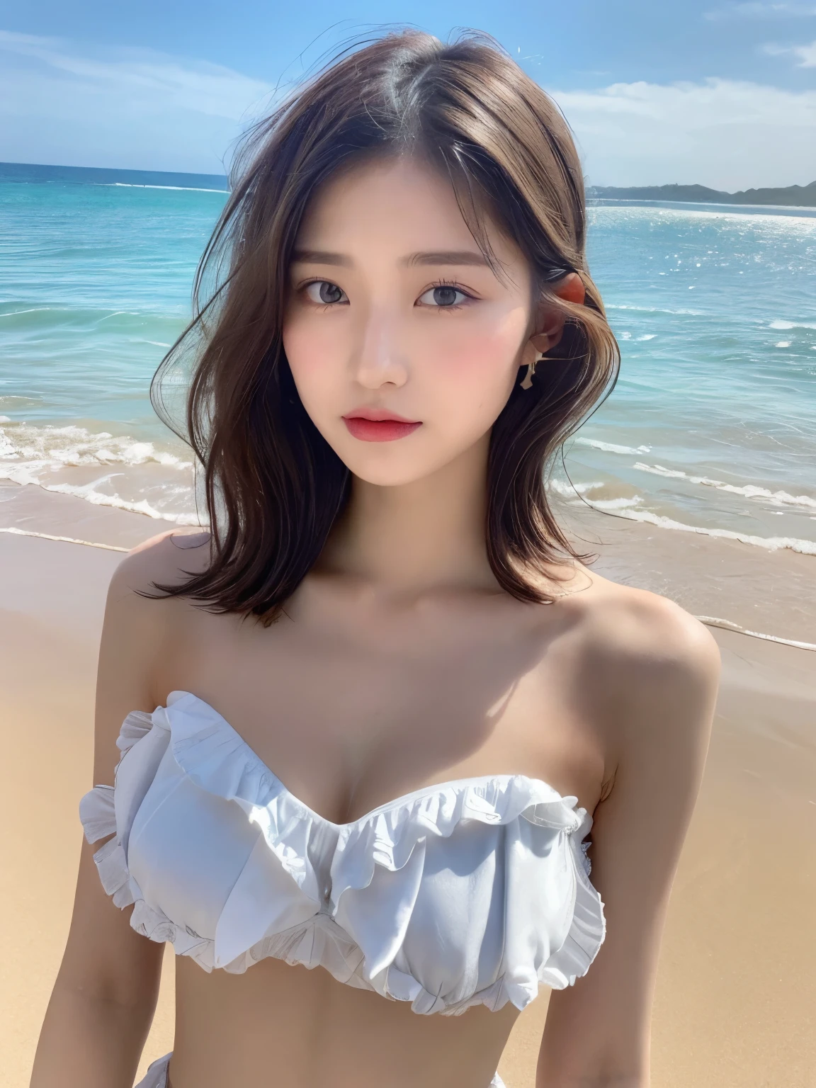 ((Best Quality, 8K, Masterpiece: 1.3)), Sharp: 1.2, Perfect Body Beauty: 1.4, Slim Abs: 1.2, ((Layered Hairstyle, Big Breasts: 1.2)), (Nude: 1.1), (beautiful beach: 1.2), Wet: 1.5, Highly Detailed Face and Skin Texture, Detailed Eyes, Double Eyelids, Looking at the Camera
BREAK
(((Ruffle bikini, Beach dress)))