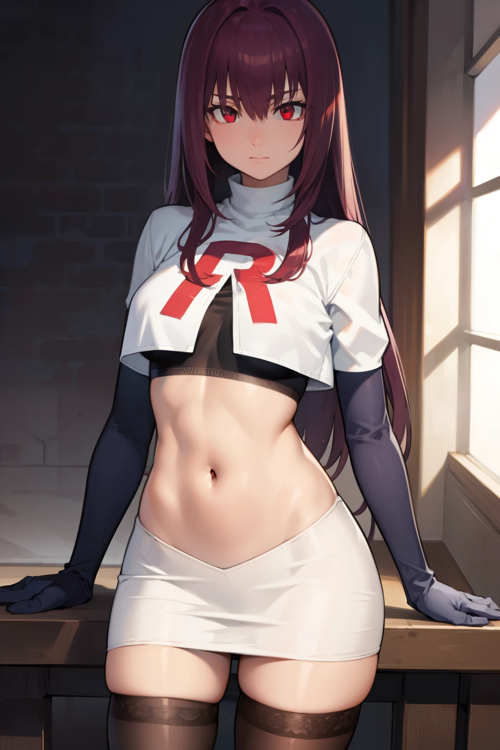 scathach, scathach, long hair, purple hair, (red eyes:1.5),
BREAK team rocket,team rocket uniform,white skirt,red letter R,crop top,black thigh-highs,black elbow gloves
BREAK looking at viewer, 
BREAK (masterpiece:1.2), best quality, high resolution, unity 8k wallpaper, (illustration:0.8), (beautiful detailed eyes:1.6), extremely detailed face, perfect lighting, extremely detailed CG, (perfect hands, perfect anatomy),