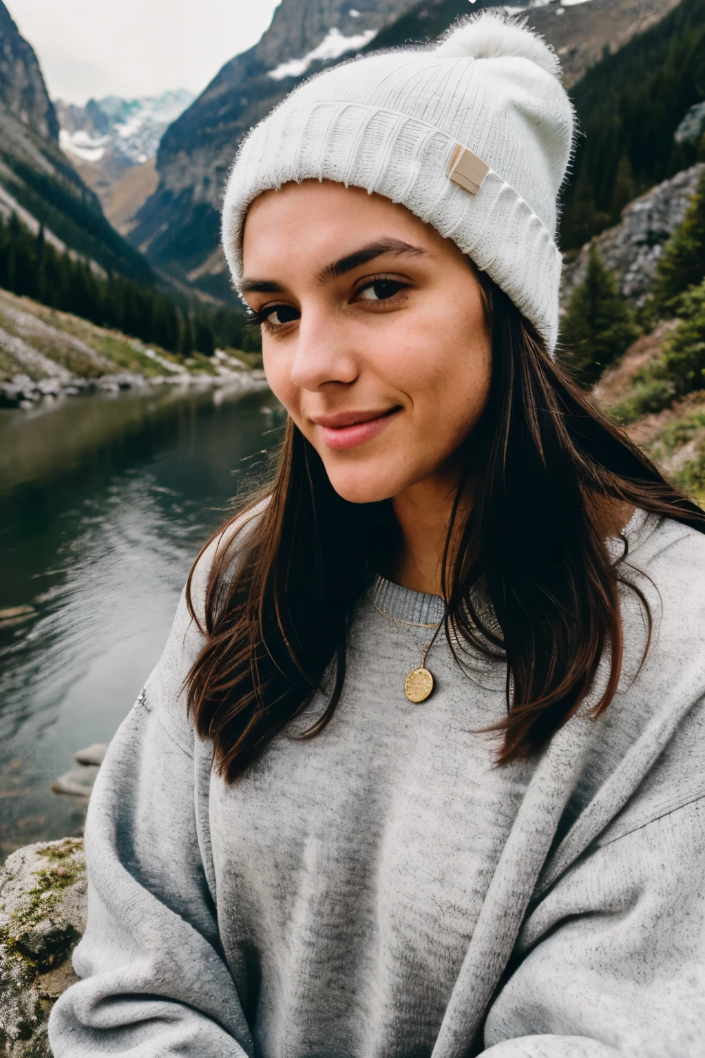 a 18 year old girl, young girl,  girl, high cheekbones, brunette, long hair, insanely detailed and intricate, hypermaximalist, attractive, hyper-realistic, super detailed, high detailed skin, selfie, looking at camera, casual photo, photograph, upper body, solo, wearing pullover, outdoors, (night), mountains, real life nature, stars, moon, cheerful, happy, gloves, sweater, beanie, forest, rocks, river, wood, smoke, fog, looking at viewer, skin texture, photo grain, close up, RAW photo
