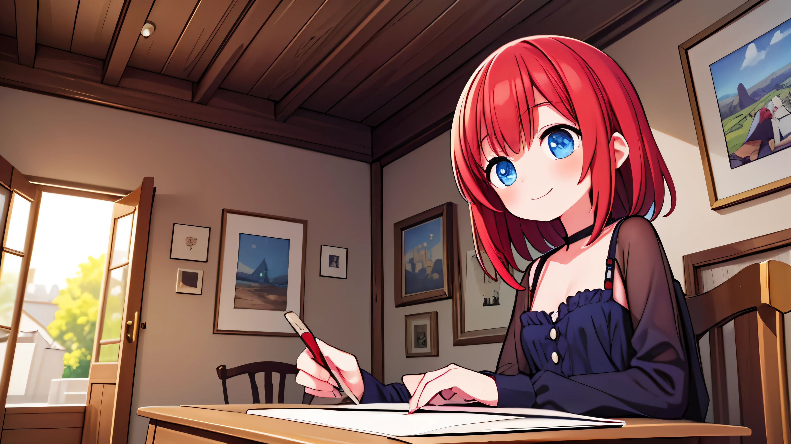 anime, (masterpiece:1.2), inside small house, daylight, a mature girl with red hair and blue eyes in black dress is drawing on a canvas, light smile