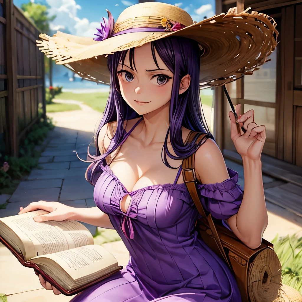 Robin from One Piece, book in one hand, straw hat, purple dress