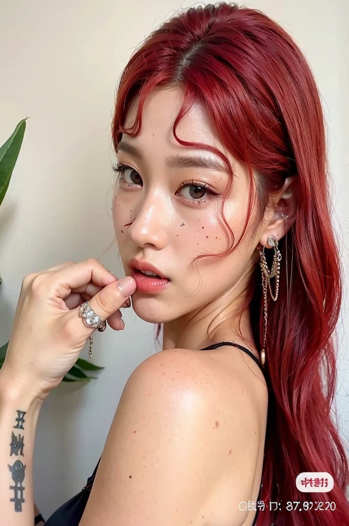 a close up of a woman with red hair and piercings, red dyed hair, with curly red hair, with red hair, red wig, red hair and attractive features, bright red hair, with long red hair, red hair, crimson red hair and red eyes, red crimson crimson hair, wavy vibrant red hair, vibrant red hair, crimson hair, red crimson hair, Jang Wonyoung, Blackpink Jennie