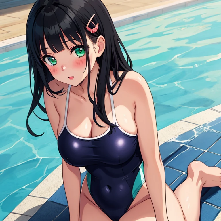 masterpiece,best quality,ultra detailed, best illustration, nsfw, 1girl, black_hair, bangs, long_hair, hair_ornament, blunt_bangs, blush, green_eyes, hairclip, aqua_eyes, KK-70, blue one-piece swimsuit,