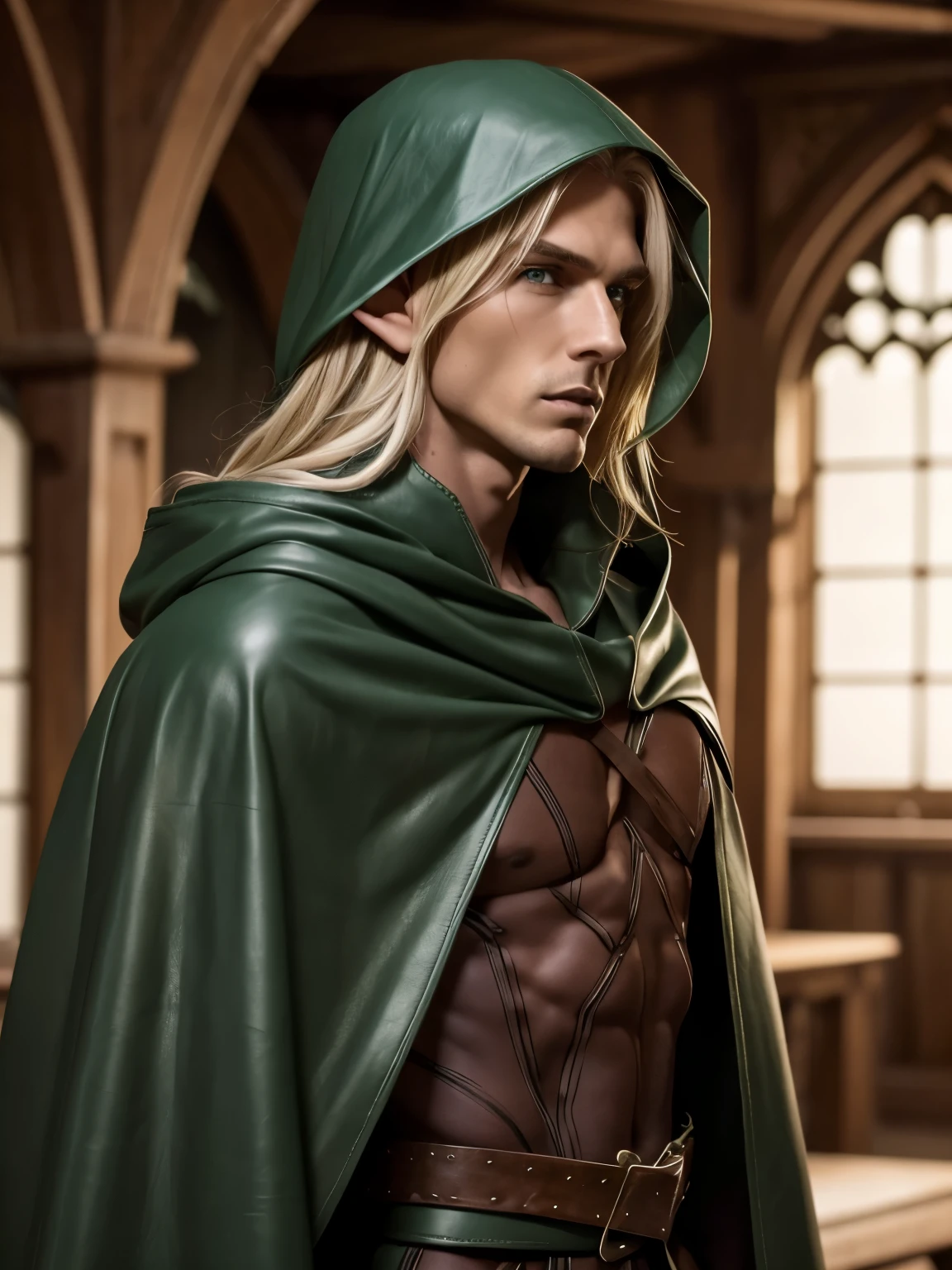 male elf, detailed elf ears, skinny, toned muscles, long braided blonde hair, green leather cape, green leather hood, black leather robe, full body view, vertical oak staff,