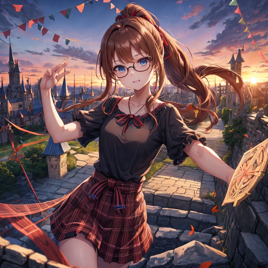 reddish-brown blonde、blue hair、blue eyes、ponytail、Braid、one good looking girl、solo、anime、Plaid miniskirt、camisole、black t-shirt、Tilting your face、Doing the ribbon、Ribbon at waist、sunset sky、broken stone stairs、tunnel、Fallen leaves、wearing glasses、Light and shadow、maze、monster castle、lanthanum、corridor、One leg is raised、pinwheel、castle floating in the air、7 cylinders、Jewelry box、flag