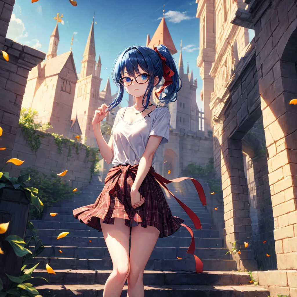 reddish-brown blonde、blue hair、blue eyes、ponytail、Braid、one good looking girl、solo、anime、Plaid miniskirt、camisole、black t-shirt、Tilting your face、Doing the ribbon、Ribbon at waist、sunset sky、broken stone stairs、tunnel、Fallen leaves、wearing glasses、Light and shadow、maze、monster castle、lanthanum、corridor、One leg is raised、pinwheel、castle floating in the air、7 cylinders、Jewelry box、flag