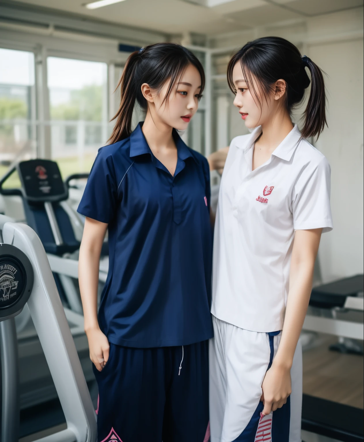 2 girls in the fitness center, Navy blue short-sleeved shirt,Navy Long Trackpant,Sweatpants, Sweatpantsขายาว,25 year old girl, lesbian, sexy, exercise clothes, wet body