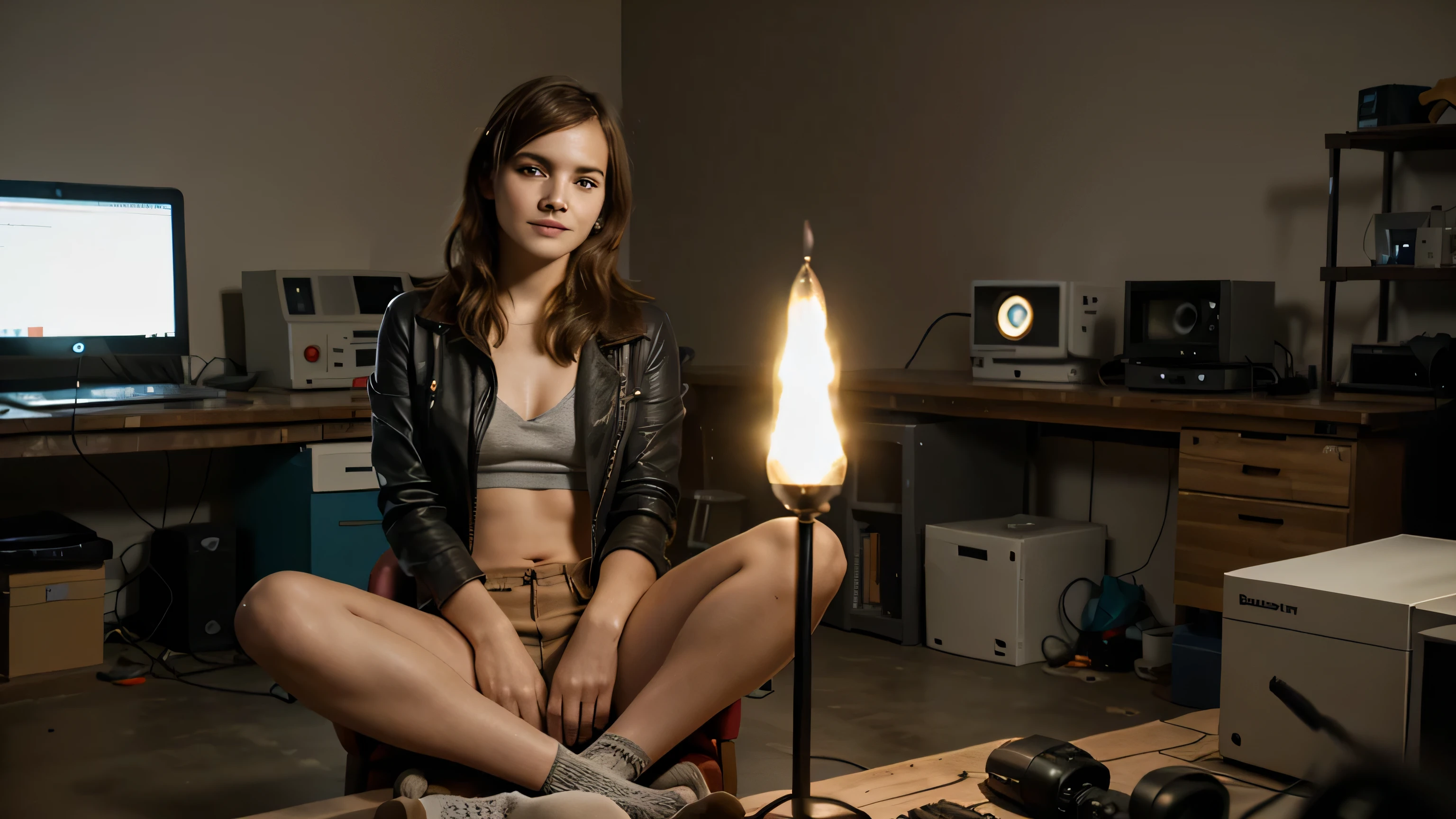 Emma Watson sits on a large dark green armchair facing the viewer in an apocalyptic one, dirty wasteland environment, zerrissene graue Kleidung, offenes Hemd, detailliertes Gesicht, Dreamy look, smiling slightly, Beine gespreizt, sehr kurze dunkle Socken, Elektronische Laborwerkzeuge auf einer Werkbank und herumliegende Computerteile, Screens show dark user interfaces, LEDs on several devices illuminate the room and indicate activity