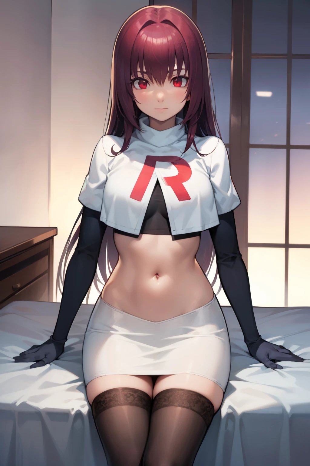 scathach, scathach, long hair, purple hair, (red eyes:1.5),
BREAK team rocket,team rocket uniform,white skirt,red letter R,crop top,black thigh-highs,black elbow gloves
BREAK looking at viewer, 
BREAK (masterpiece:1.2), best quality, high resolution, unity 8k wallpaper, (illustration:0.8), (beautiful detailed eyes:1.6), extremely detailed face, perfect lighting, extremely detailed CG, (perfect hands, perfect anatomy),