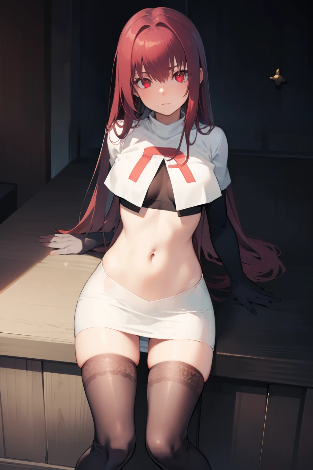 scathach, scathach, long hair, purple hair, (red eyes:1.5),
BREAK team rocket,team rocket uniform,white skirt,red letter R,crop top,black thigh-highs,black elbow gloves
BREAK looking at viewer,
BREAK (masterpiece:1.2), best quality, high resolution, unity 8k wallpaper, (illustration:0.8), (beautiful detailed eyes:1.6), extremely detailed face, perfect lighting, extremely detailed CG, (perfect hands, perfect anatomy),