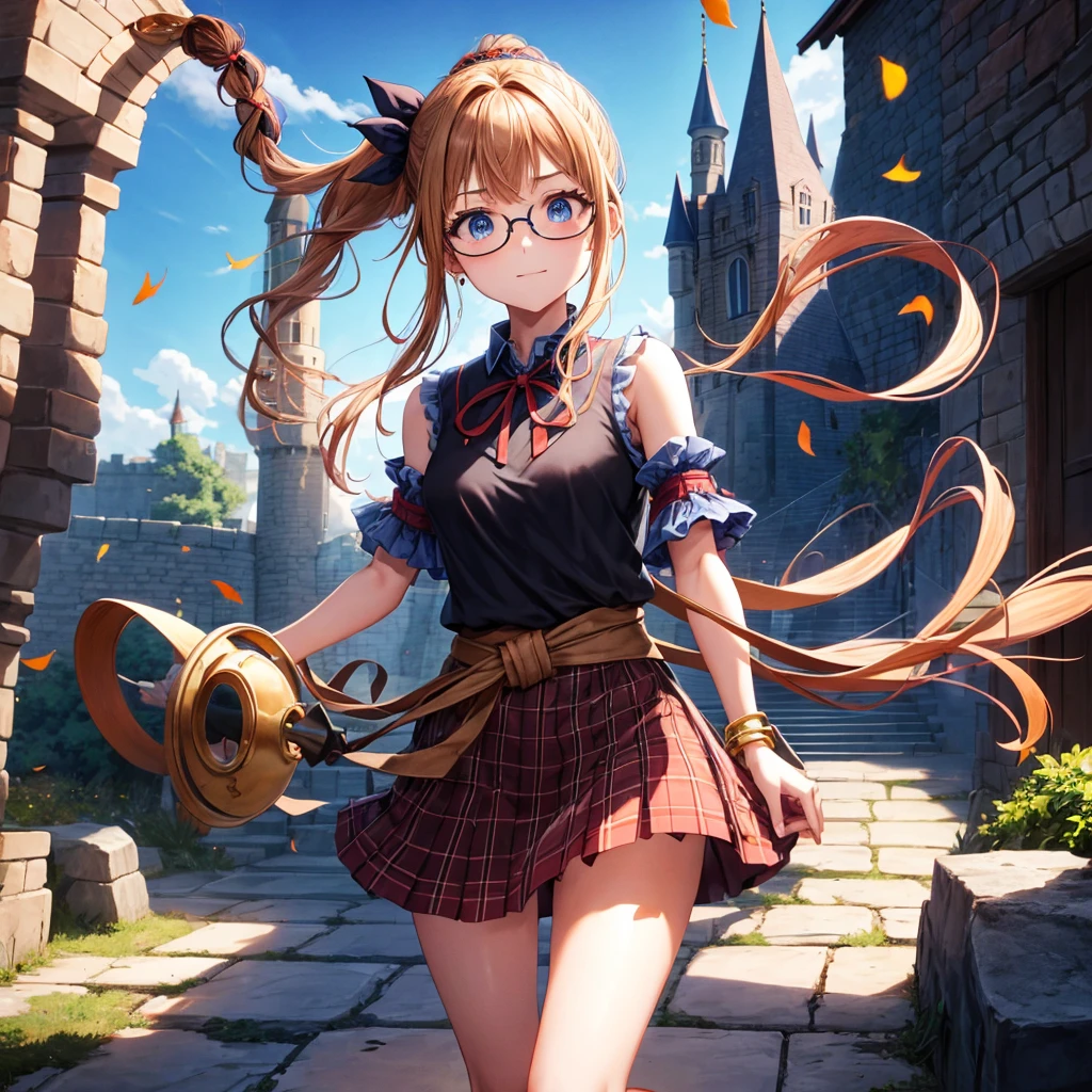 reddish-brown blonde、blue hair、blue eyes、ponytail、Braid、one good looking girl、solo、anime、Plaid miniskirt、camisole、black t-shirt、Tilting your face、Doing the ribbon、Ribbon at waist、sunset sky、broken stone stairs、tunnel、Fallen leaves、wearing glasses、Light and shadow、maze、monster castle、lanthanum、corridor、One leg is raised、pinwheel、castle floating in the air、7 cylinders、Jewelry box、flag