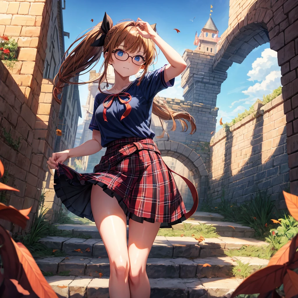 reddish-brown blonde、blue hair、blue eyes、ponytail、Braid、one good looking girl、solo、anime、Plaid miniskirt、camisole、black t-shirt、Tilting your face、Doing the ribbon、Ribbon at waist、sunset sky、broken stone stairs、tunnel、Fallen leaves、wearing glasses、Light and shadow、maze、monster castle、lanthanum、corridor、One leg is raised、pinwheel、castle floating in the air、7 cylinders、Jewelry box、flag