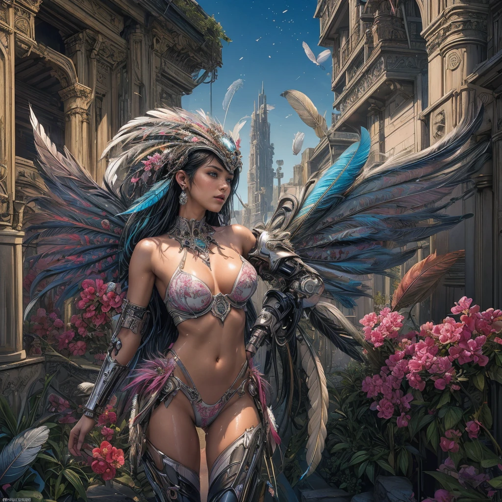(masterpiece, top quality, Best quality, Official art, beautiful and aesthetically pleasing:1.2), (1 girl:1.3), extremely detailed,(fractal art:1.1),(Colorful:1.1)(flowers:1.3),as detailed as possible,(confuse:1.2), whole body, against the background of a fantastic city in the style of Star Wars by John Lucas, Street, cyber fiction, The Distant Future, Science fiction, fantastic bombers flying in the sky, (shiny skin), (many colors:1.4), ,(earrings), (Feathers:1.5), Ultra Detailed, Girl naked, Very detailed face, Detailed vagina. detailed hands, 2 cyborg girl characters having sex, kissing on the genitals, touch the vagina, Kissing the breasts, hugging. Transparent wet underwear, fingers inserted into vagina, sexy look, correct anatomy, standing on the balcony, pool water, there are many mechanical elements in the body, Very detailed, on the head is an ultra fantastic helmet and tubes, displays and lights, dolchet, phallus simulator in vagina.