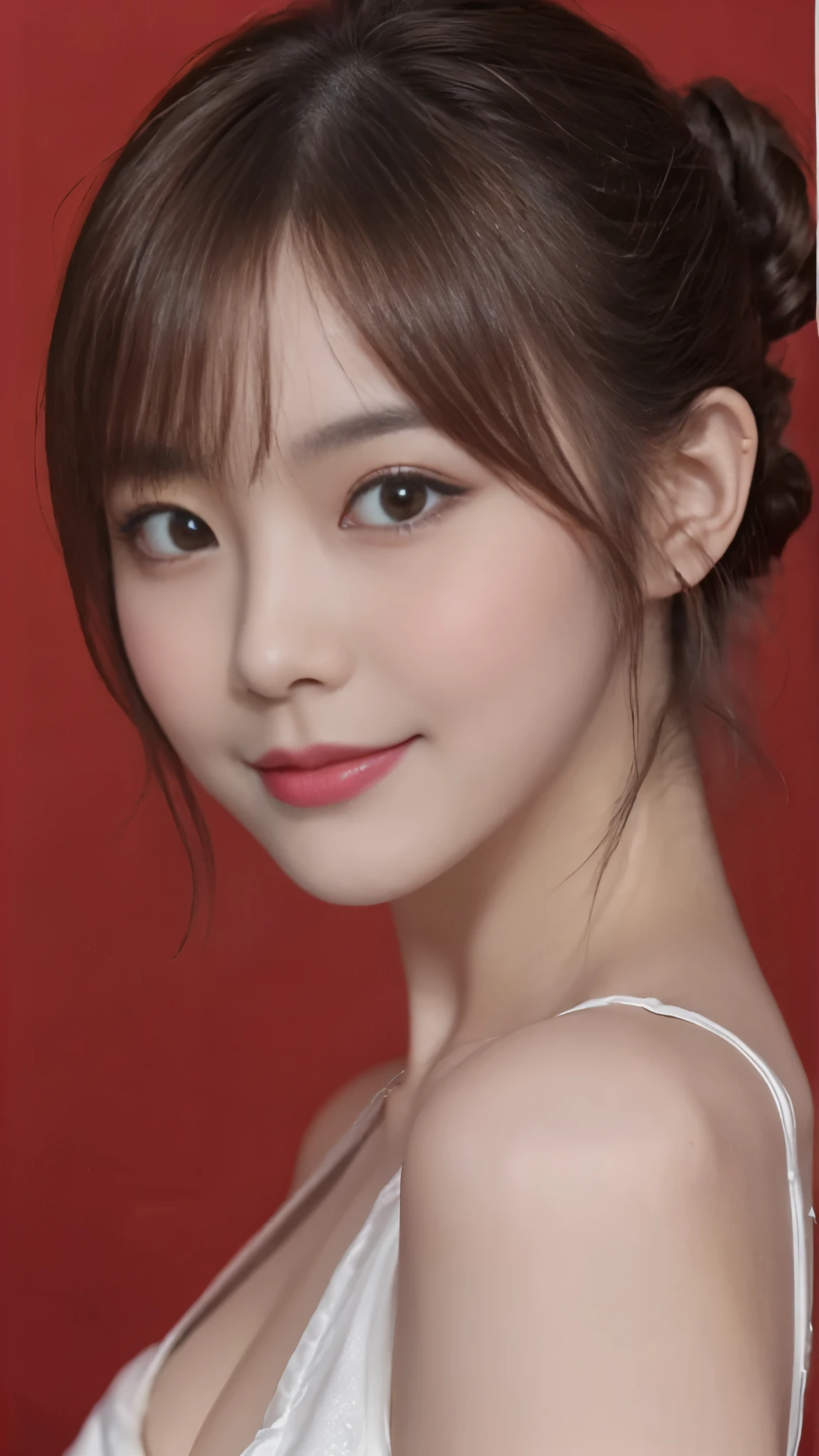 beautiful japanese woman,Photos taken by a professional photographer,Fancy makeup with red eyeshadow,double eyelid,The best smile,Delicate brown hair with short cut and side waves,big ring earrings,elegant legs,Wearing black high heels,long and thin legs, white shirt and super miniskirt, long legs, standing during class, very beautiful slim legs, とても美しいlong and thin legs, sitting at desk, Business service, beautiful feet, good hips and long legs, beautiful feet, surreal high school girl, cleavage, sitting on a black box,