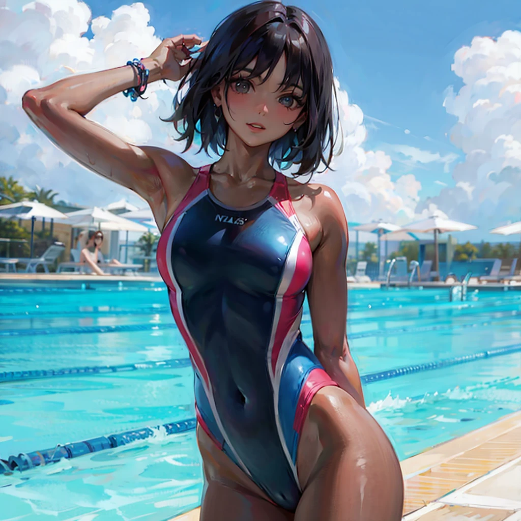 Woman in swimsuit standing by the pool, 