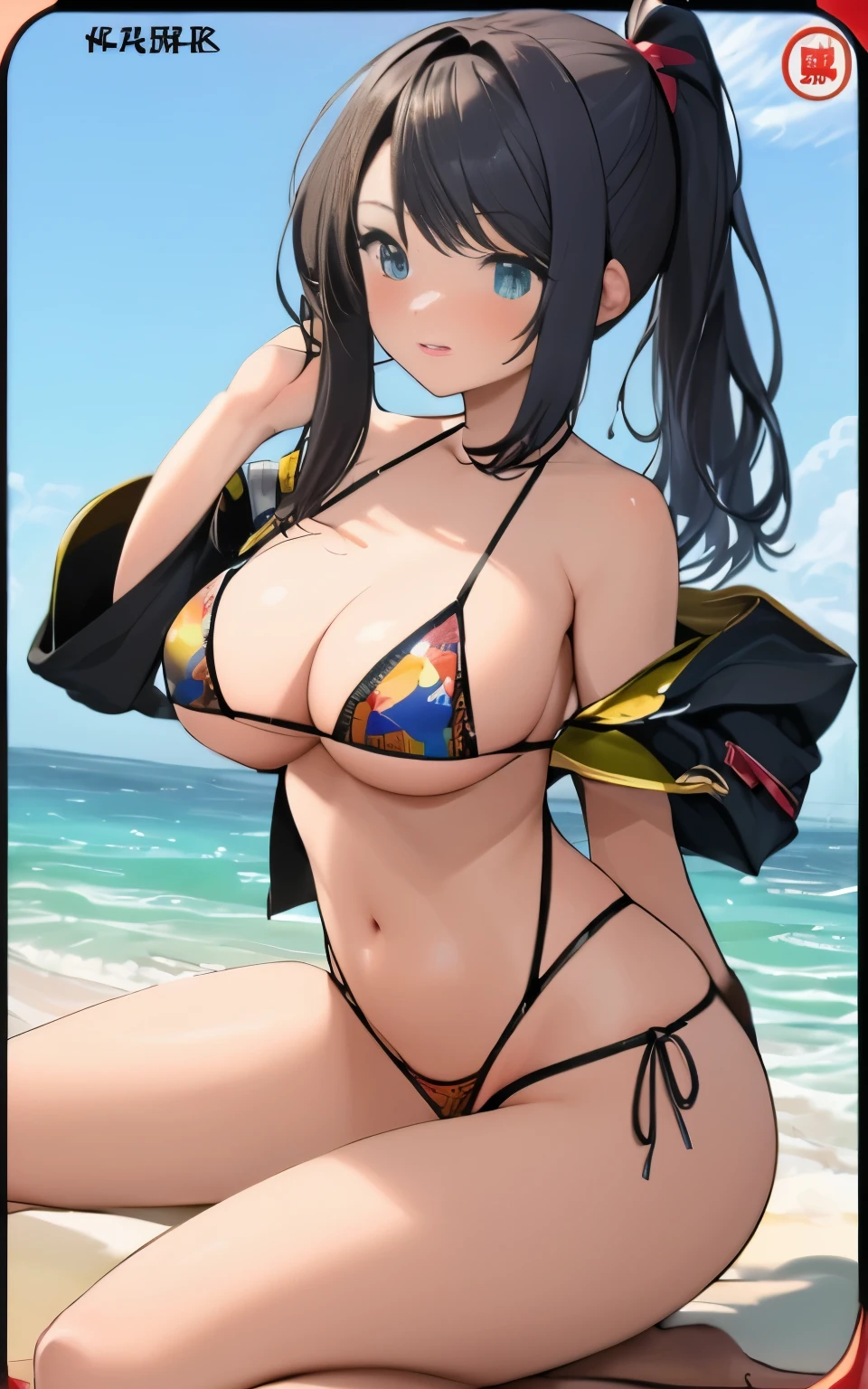 masterpiece,1 girl,alone, suffer,bikini,A thousand flavors,Beautiful and moving,Touch the right chord,lace,lace内衣,衣着exposed,Injuried,Seductive pose,Cock your ass,leg wide open,,cleavage,exposed,sling,sling背心,issue card,Japan Ninja