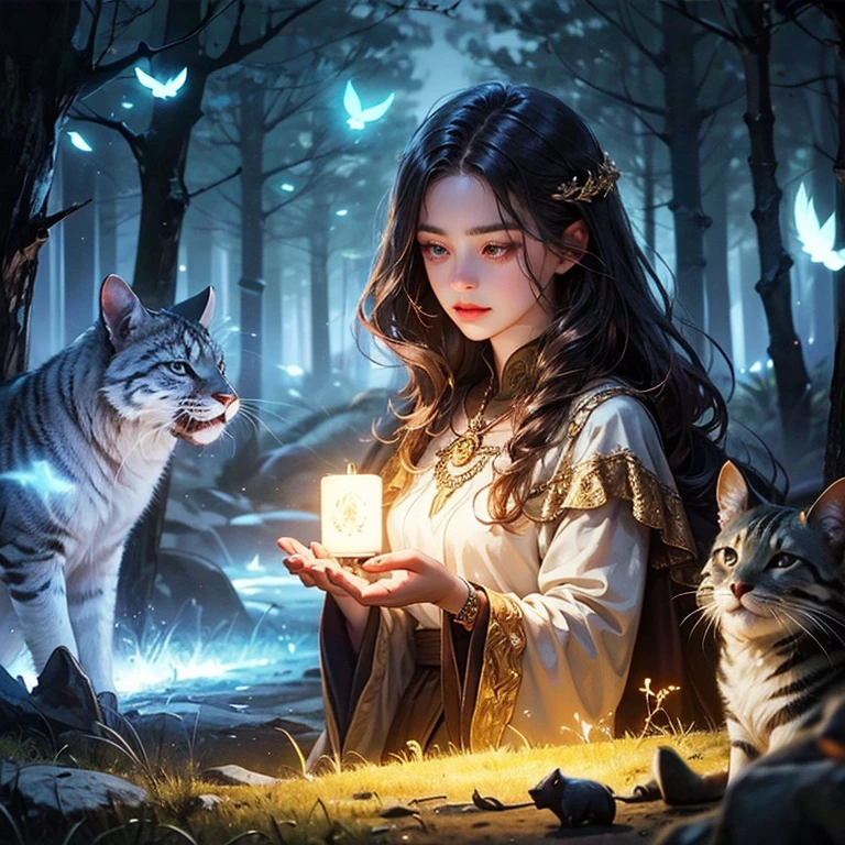 Girl and animals Energy in animals Glowing neon Chemiluminescence Helping In the forest Mystical Magic A girl who can use magic touches a fallen animal and saves it.