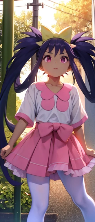 irisA, ponytail, pigtails, pink hairband, large pink bow, white tights