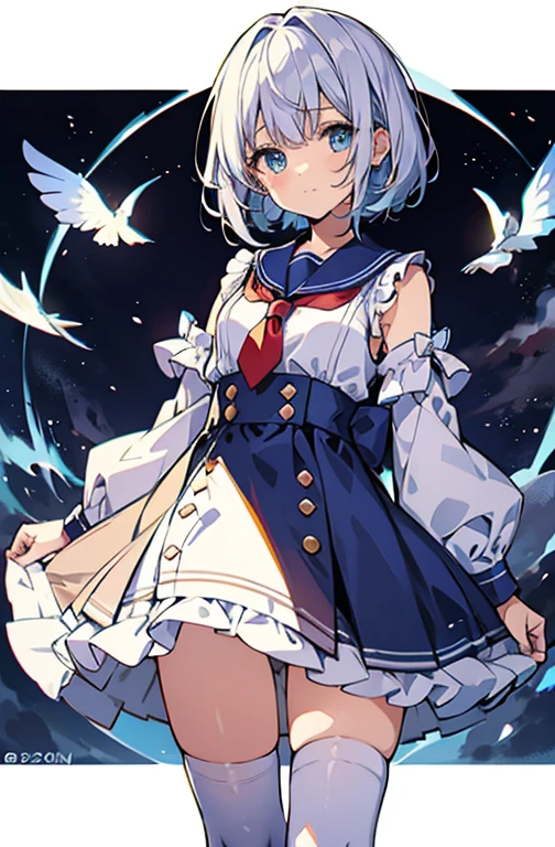 ((highest quality))、((8K))、((High resolution))、((masterpiece、Super detailed))、一人little girl、(height 140cmlittle girl)、((Looking at the camera from the front))、((photo from the knees up))、((standing))、beautiful and delicate blue eyes、beautiful smooth silver hair、Fluffy short hair、gentle and adorable big eyes、smile、((Perfect and beautiful fingertips))、 wearing a light blue sailor suit、flat chest、(white stockings)、no background,