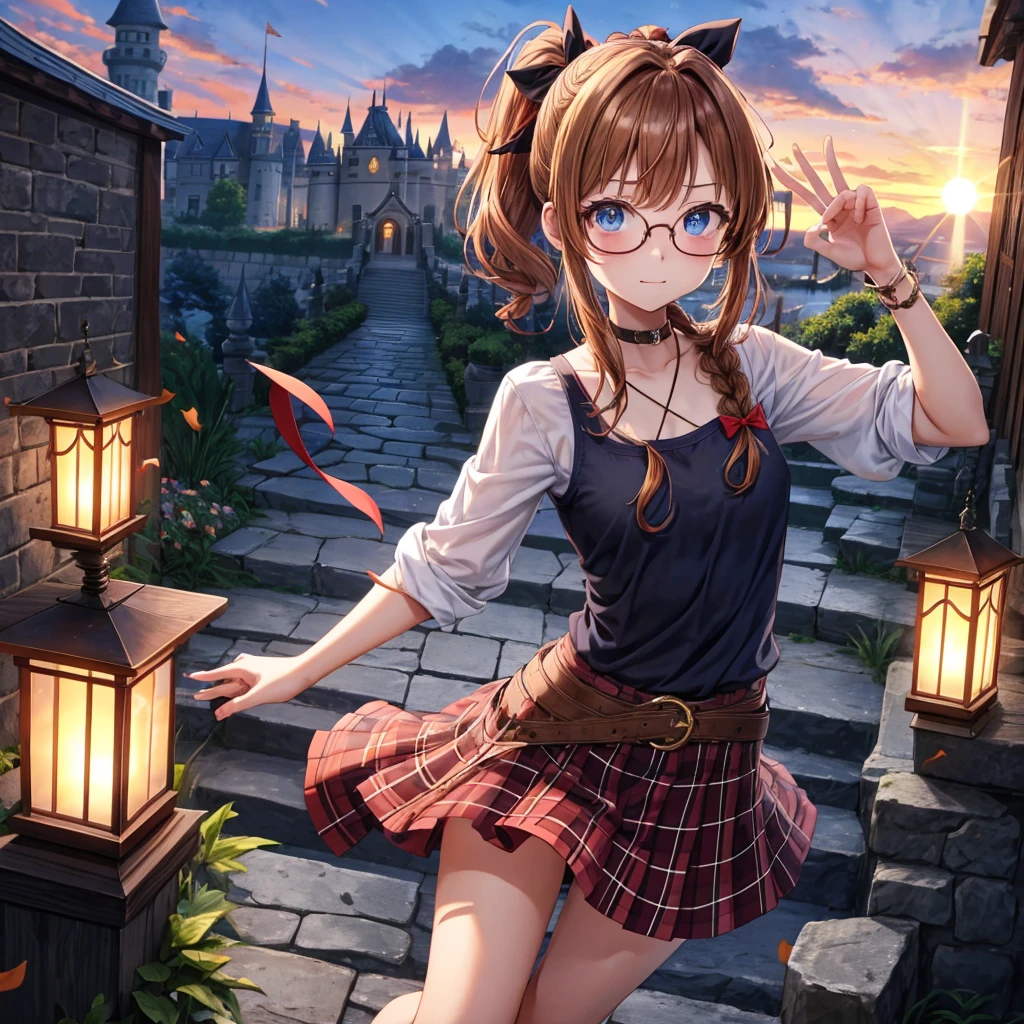 reddish-brown blonde、blue hair、blue eyes、ponytail、Braid、one good looking girl、solo、anime、Plaid miniskirt、camisole、black t-shirt、Tilting your face、Doing the ribbon、Ribbon at waist、sunset sky、broken stone stairs、tunnel、Fallen leaves、wearing glasses、Light and shadow、maze、monster castle、lanthanum、corridor、One leg is raised、pinwheel、castle floating in the air、7 cylinders、Jewelry box、flag