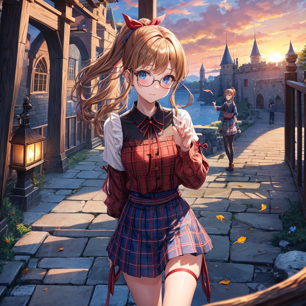reddish-brown blonde、blue hair、blue eyes、ponytail、Braid、one good looking girl、solo、anime、Plaid miniskirt、camisole、black t-shirt、Tilting your face、Doing the ribbon、Ribbon at waist、sunset sky、broken stone stairs、tunnel、Fallen leaves、wearing glasses、Light and shadow、maze、monster castle、lanthanum、corridor、One leg is raised、pinwheel、castle floating in the air、7 cylinders、Jewelry box、flag