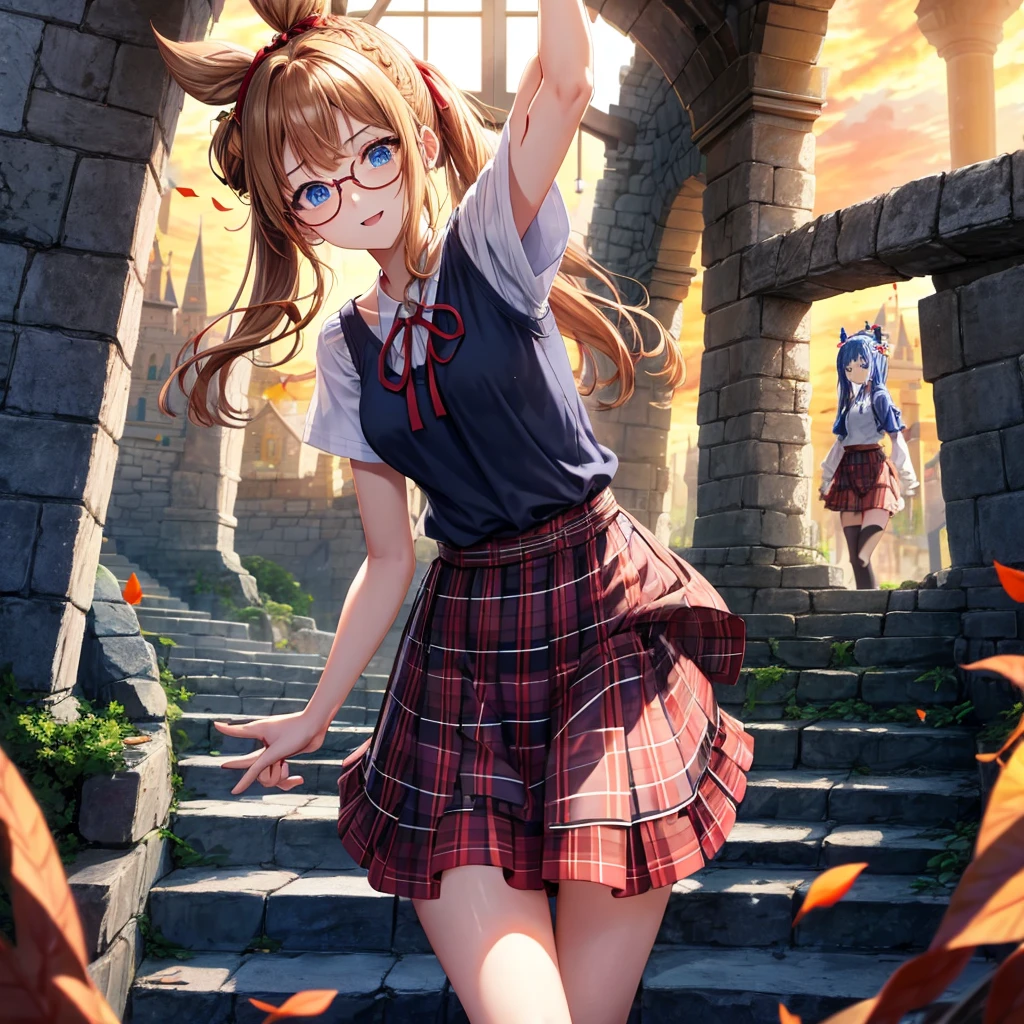 reddish-brown blonde、blue hair、blue eyes、ponytail、Braid、one good looking girl、solo、anime、Plaid miniskirt、camisole、black t-shirt、Tilting your face、Doing the ribbon、Ribbon at waist、sunset sky、broken stone stairs、tunnel、Fallen leaves、wearing glasses、Light and shadow、maze、monster castle、lanthanum、corridor、One leg is raised、pinwheel、castle floating in the air、7 cylinders、Jewelry box、flag