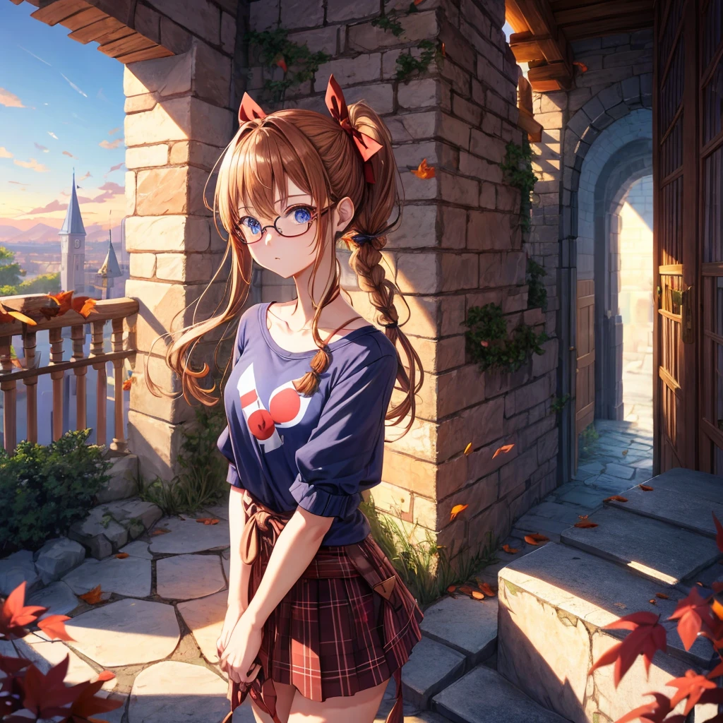 reddish-brown blonde、blue hair、blue eyes、ponytail、Braid、one good looking girl、solo、anime、Plaid miniskirt、camisole、black t-shirt、Tilting your face、Doing the ribbon、Ribbon at waist、sunset sky、broken stone stairs、tunnel、Fallen leaves、wearing glasses、Light and shadow、maze、monster castle、lanthanum、corridor、One leg is raised、pinwheel、castle floating in the air、7 cylinders、Jewelry box、flag