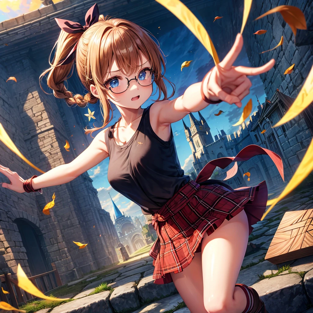 reddish-brown blonde、blue hair、blue eyes、ponytail、Braid、one good looking girl、solo、anime、Plaid miniskirt、camisole、black t-shirt、Tilting your face、Doing the ribbon、Ribbon at waist、sunset sky、broken stone stairs、tunnel、Fallen leaves、wearing glasses、Light and shadow、maze、monster castle、lanthanum、corridor、One leg is raised、pinwheel、castle floating in the air、7 cylinders、Jewelry box、flag