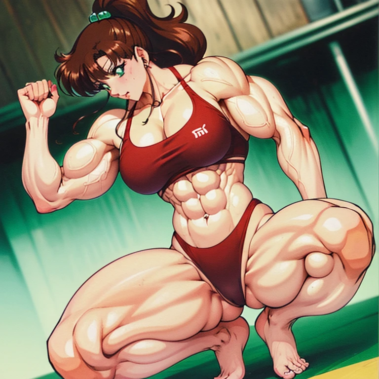 (Eine detaillierte Zeichnung von makoto, female Bodybuilding , bodybuilding gym.), Karate gi, shirtless, barefoot, squats,Dumbbells ,Big muscle, abs, Most muscular