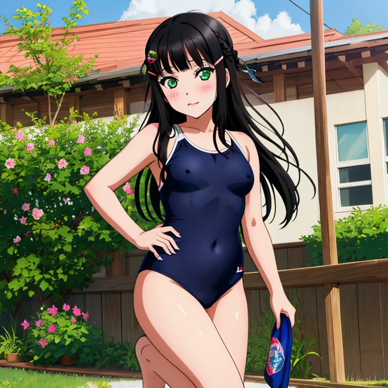 masterpiece,best quality,ultra detailed, best illustration, nsfw, 1girl, black_hair, bangs, long_hair, hair_ornament, blunt_bangs, blush, green_eyes, hairclip, aqua_eyes, T46405, blue one-piece swimsuit